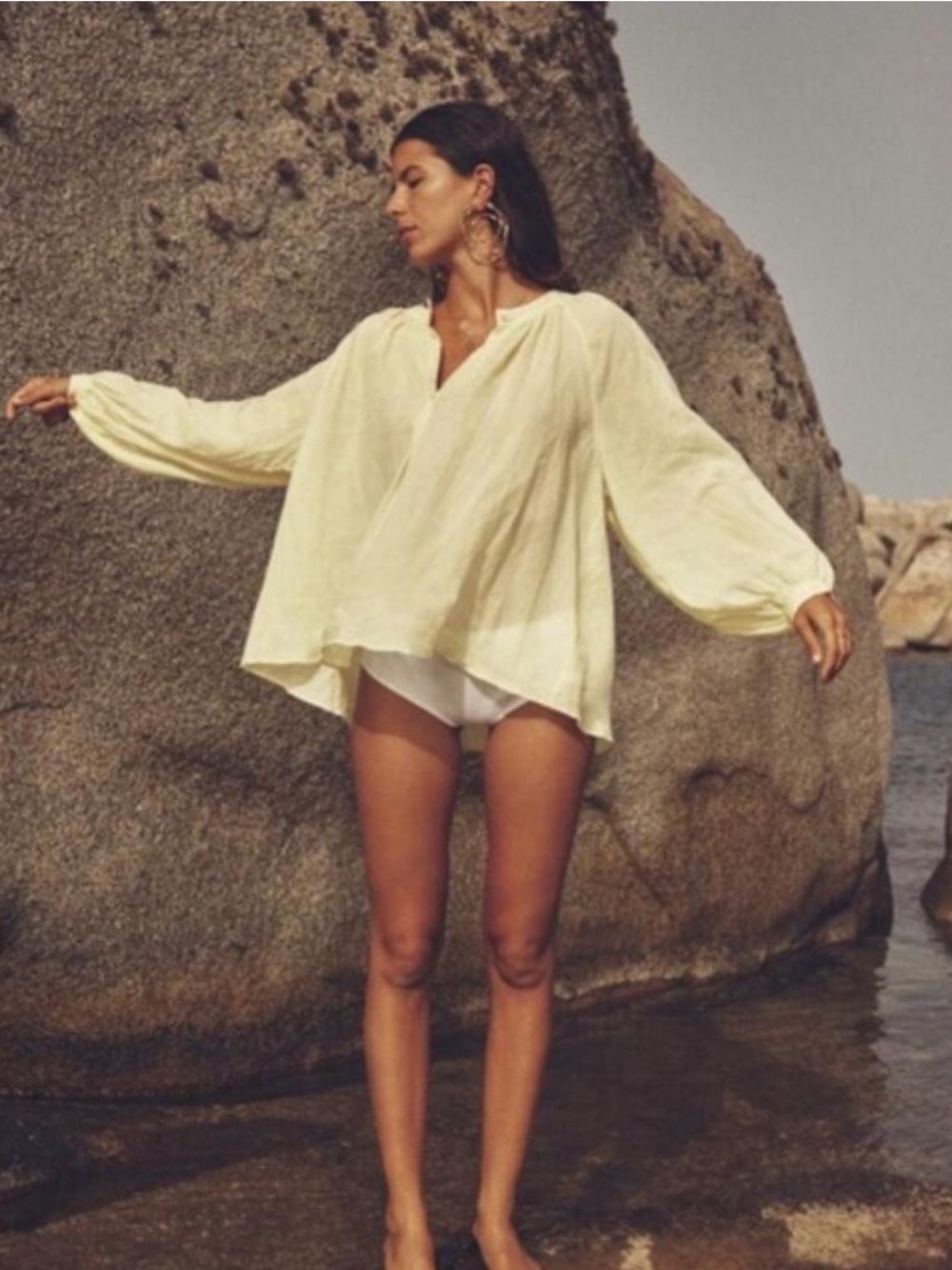 Zara Butter Yellow Voluminous Balloon Sleeve Blouse Ramie Peasant Top Boho M